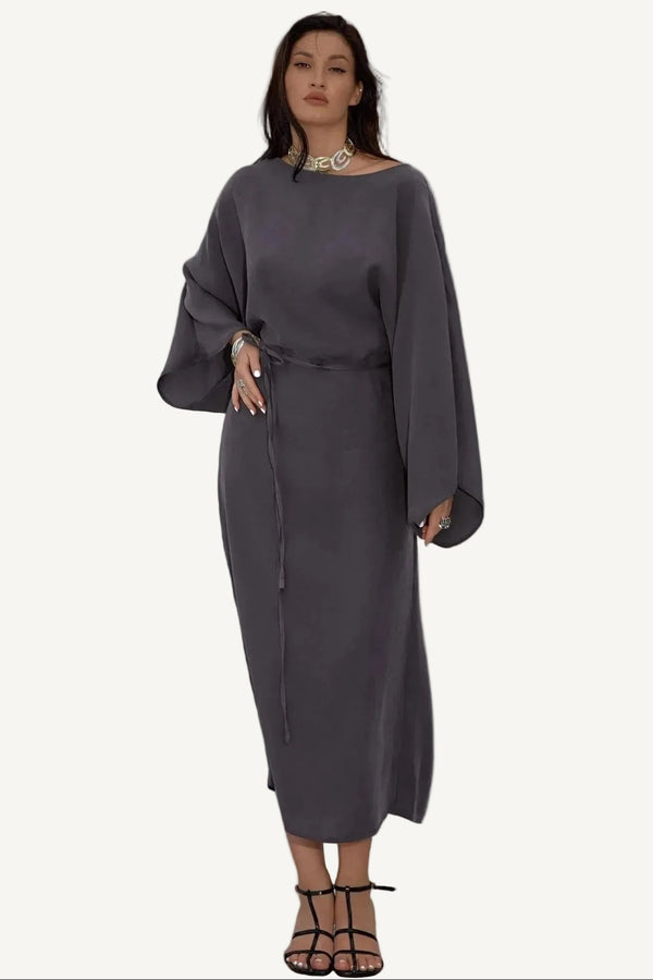 Bateau-Neck Bell-Sleeve Linen Maxi Dress