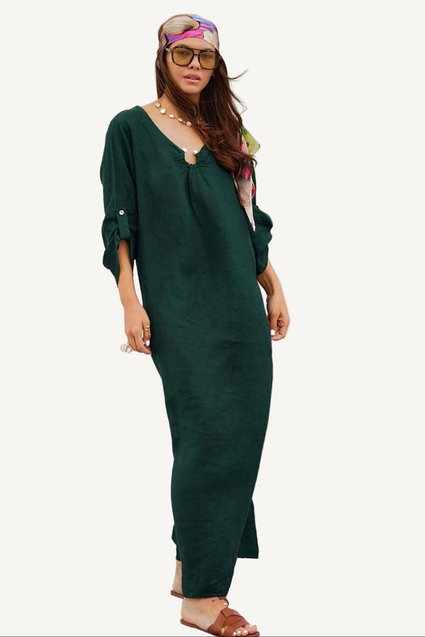 Ring-Clasp Gathered V-Neck Linen Maxi Dress