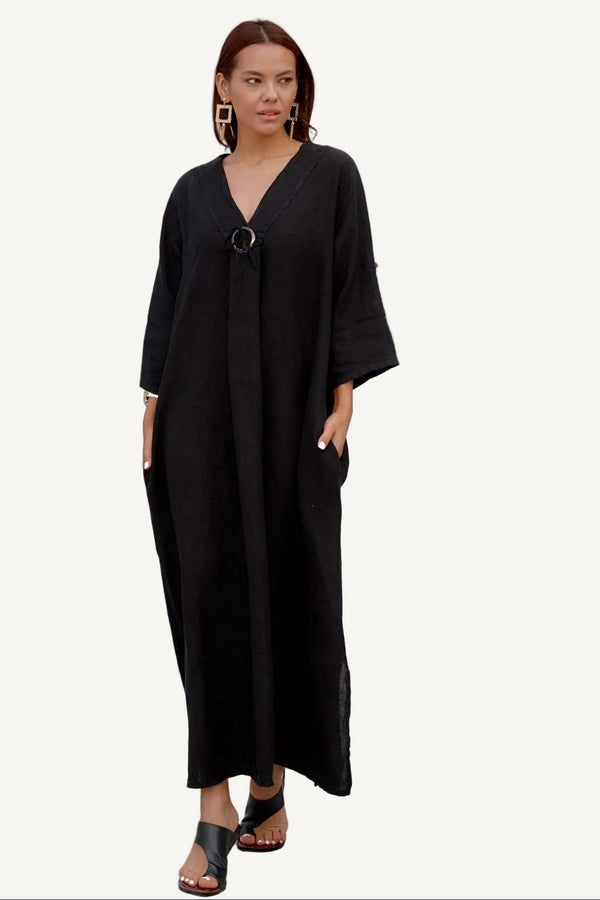 Ring-Clasp V-Neck Linen Maxi Dress