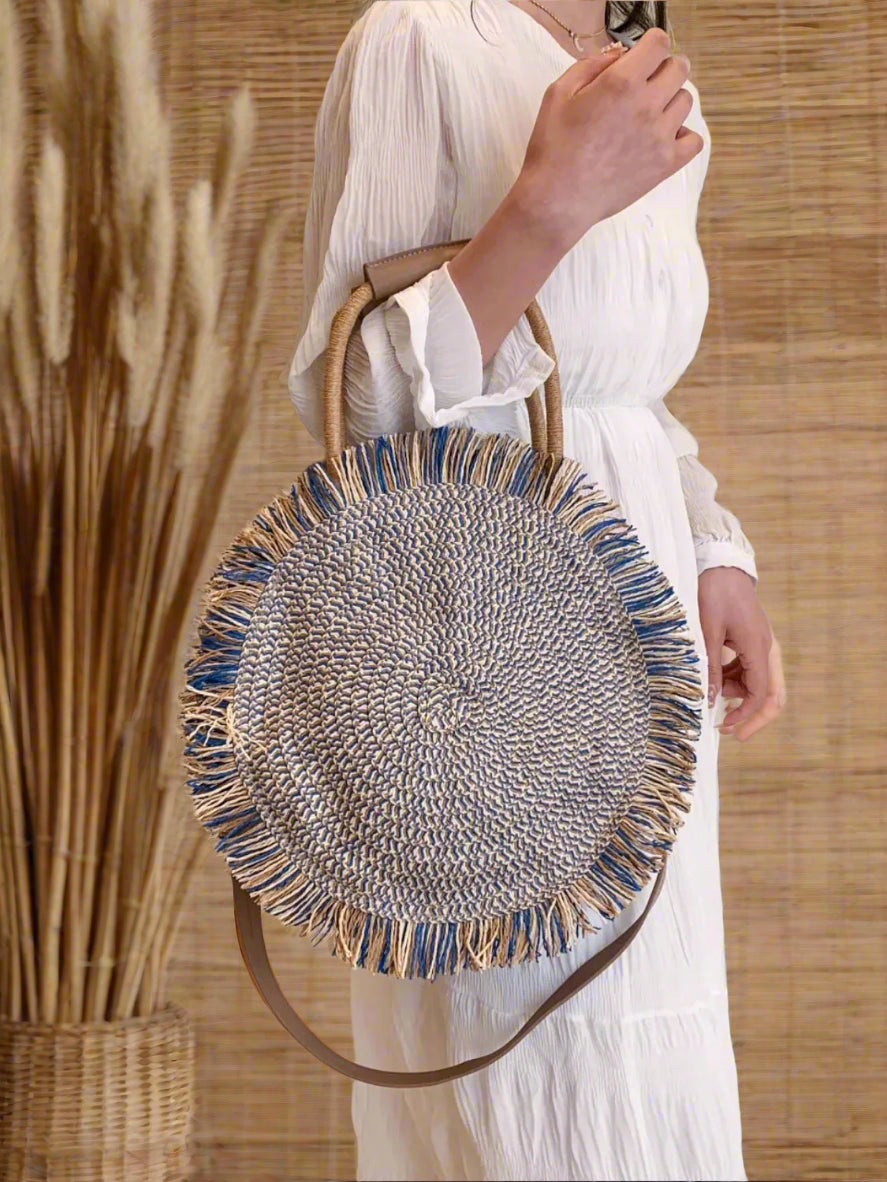 Round Woven Straw Tassel Handbag - MAZONKIKI