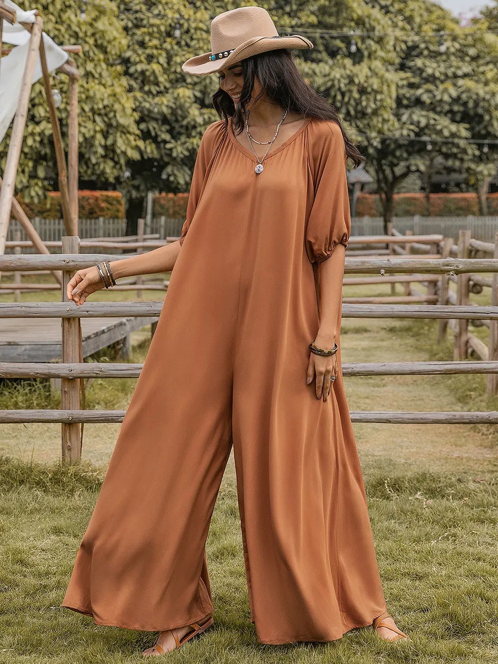 Scoop Neck Half Sleeve Wide Leg Jumpsuit - MAZONKIKI