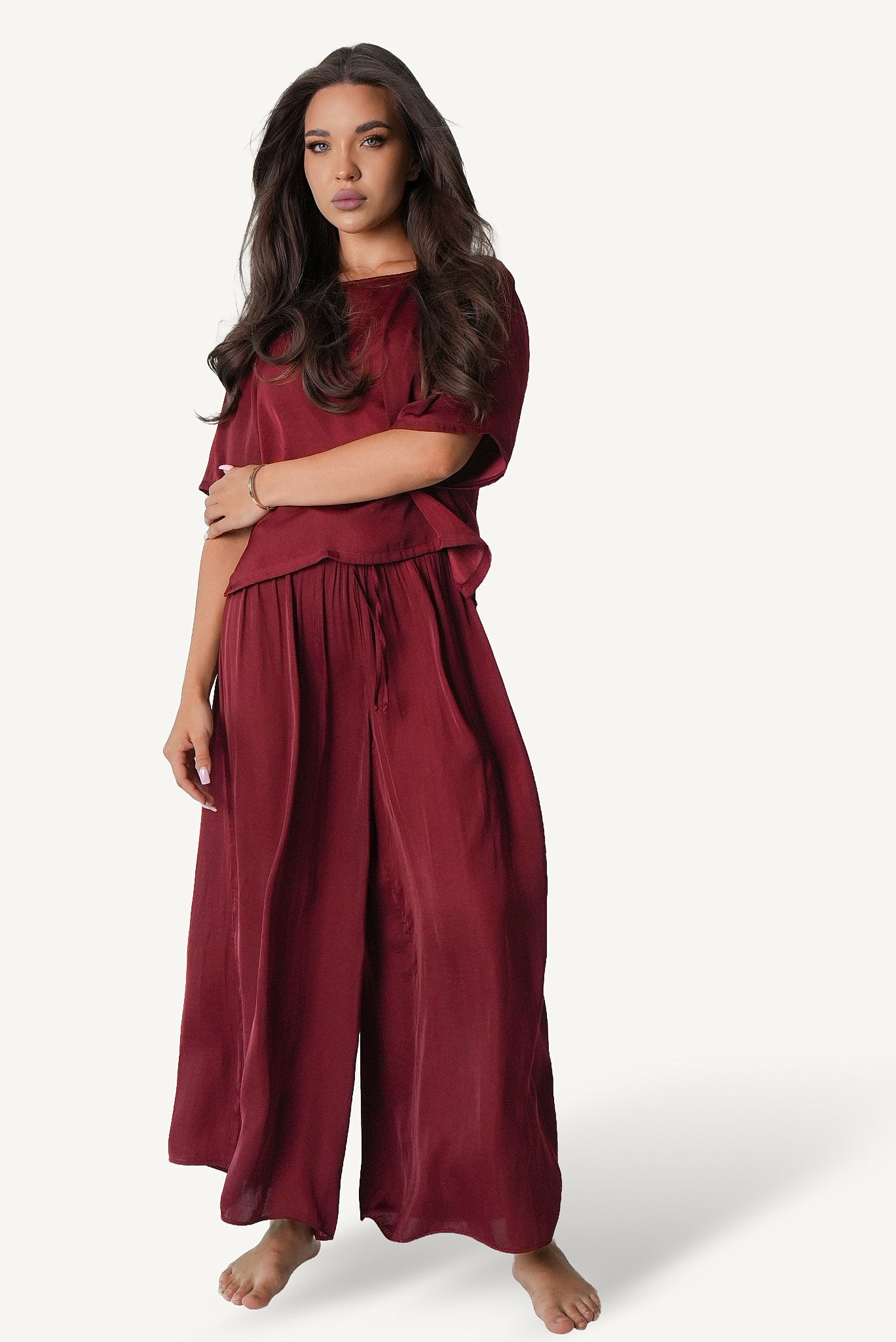 Off-Shoulder Wide-Leg Lounge Set — Crimson Dusk