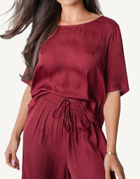 Mazonkiki Garnet Dusk satin wide-leg pants and relaxed top set, lustrous garnet two-piece loungewear 2026