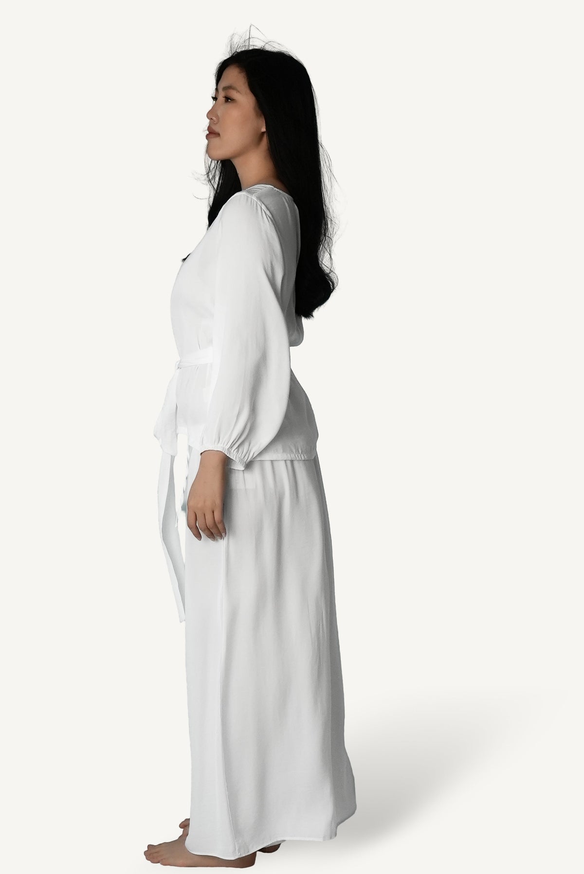 Ivory Reverie co-ord set — elasticated hem blouse meets tailored wide-leg pants in pure white