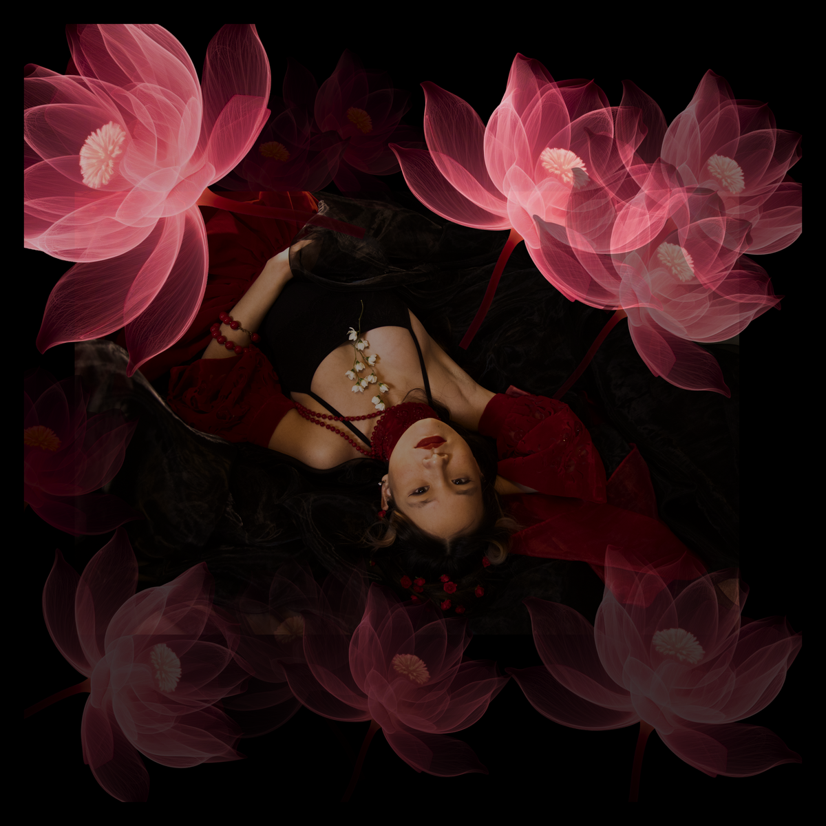 Red Reverie wearable art silk scarf