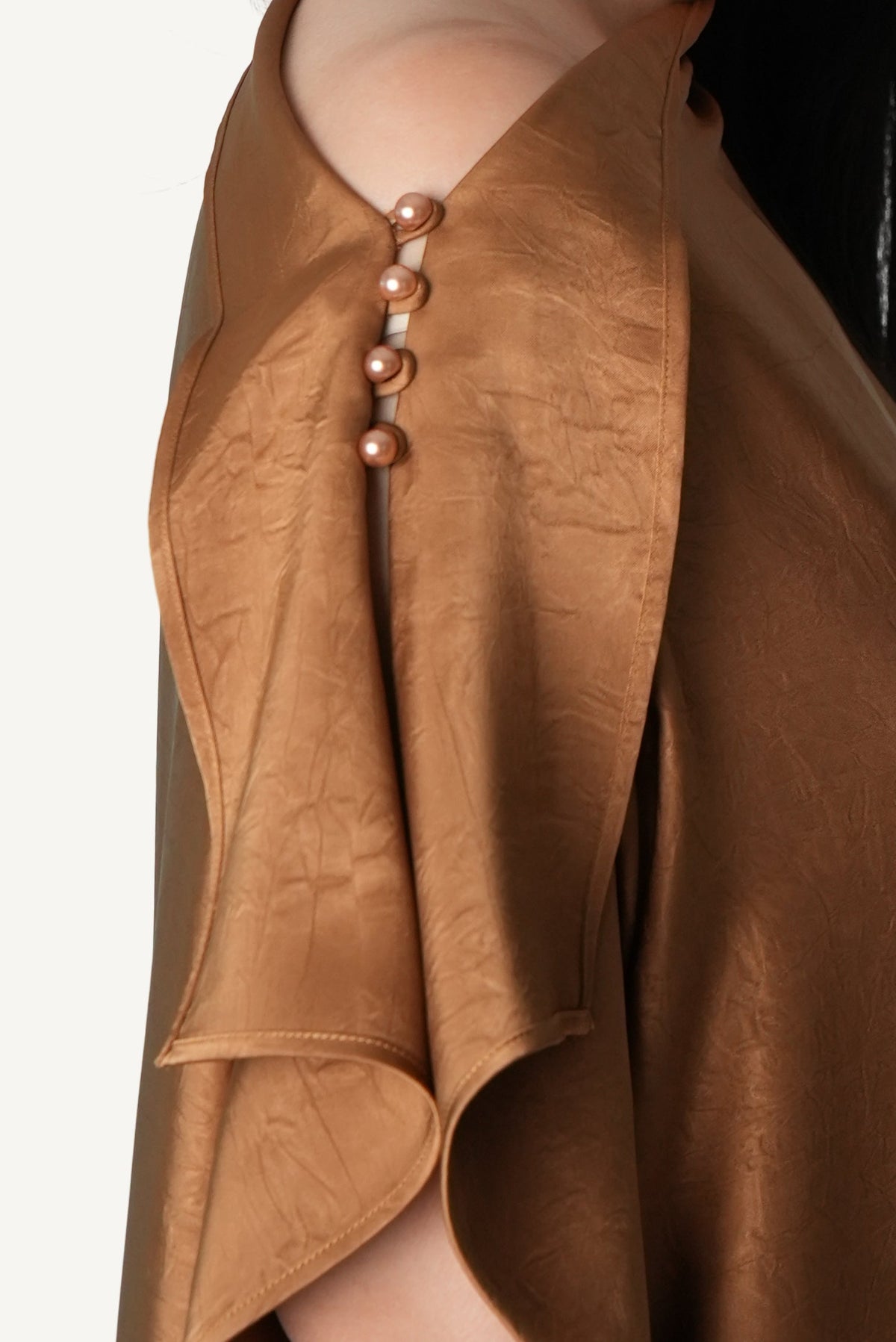 Mazonkiki Caramel Fold lounge dress — effortless asymmetric drape in light-catching tobacco satin