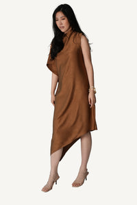 Caramel Fold draped shoulder panel secured by rose pearl buttons on warm satin — Mazonkiki