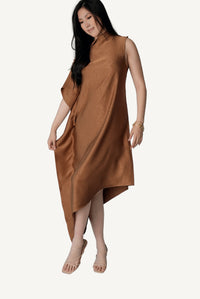 Rose-toned pearl button detail on Mazonkiki Caramel Fold tobacco satin asymmetric drape dress