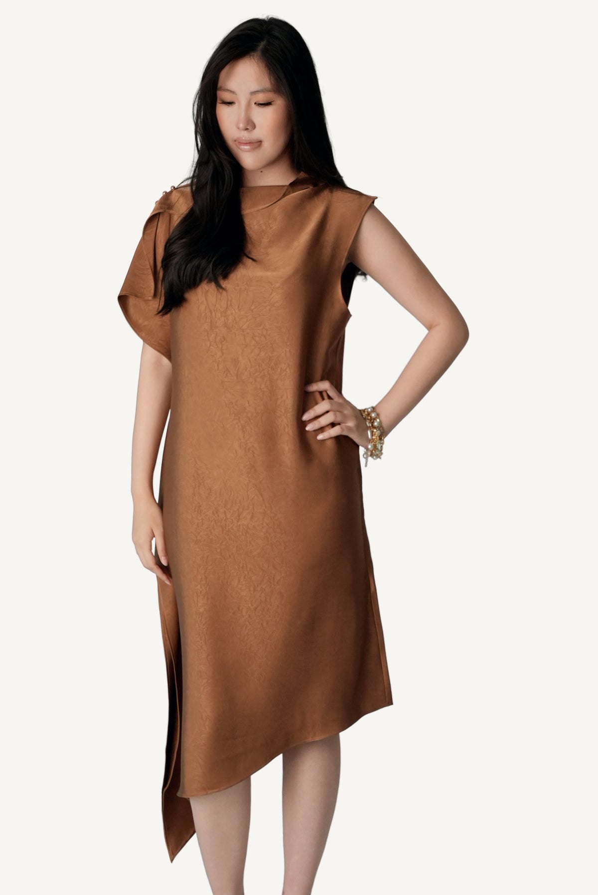 Back view — crinkled tobacco satin cascades from asymmetric shoulder, Mazonkiki Caramel Fold dress