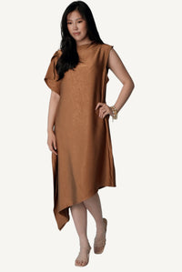 Full-length Caramel Fold midi dress — unhurried wide silhouette in crinkled tobacco satin by Mazonkiki