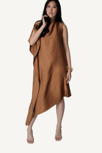 Caramel Fold luxury lounge dress — wide flowing satin silhouette in warm caramel by Mazonkiki