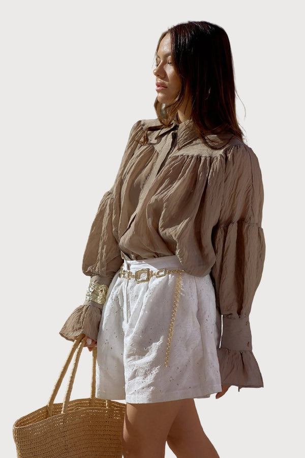 Gathered Balloon-Sleeve Shirt