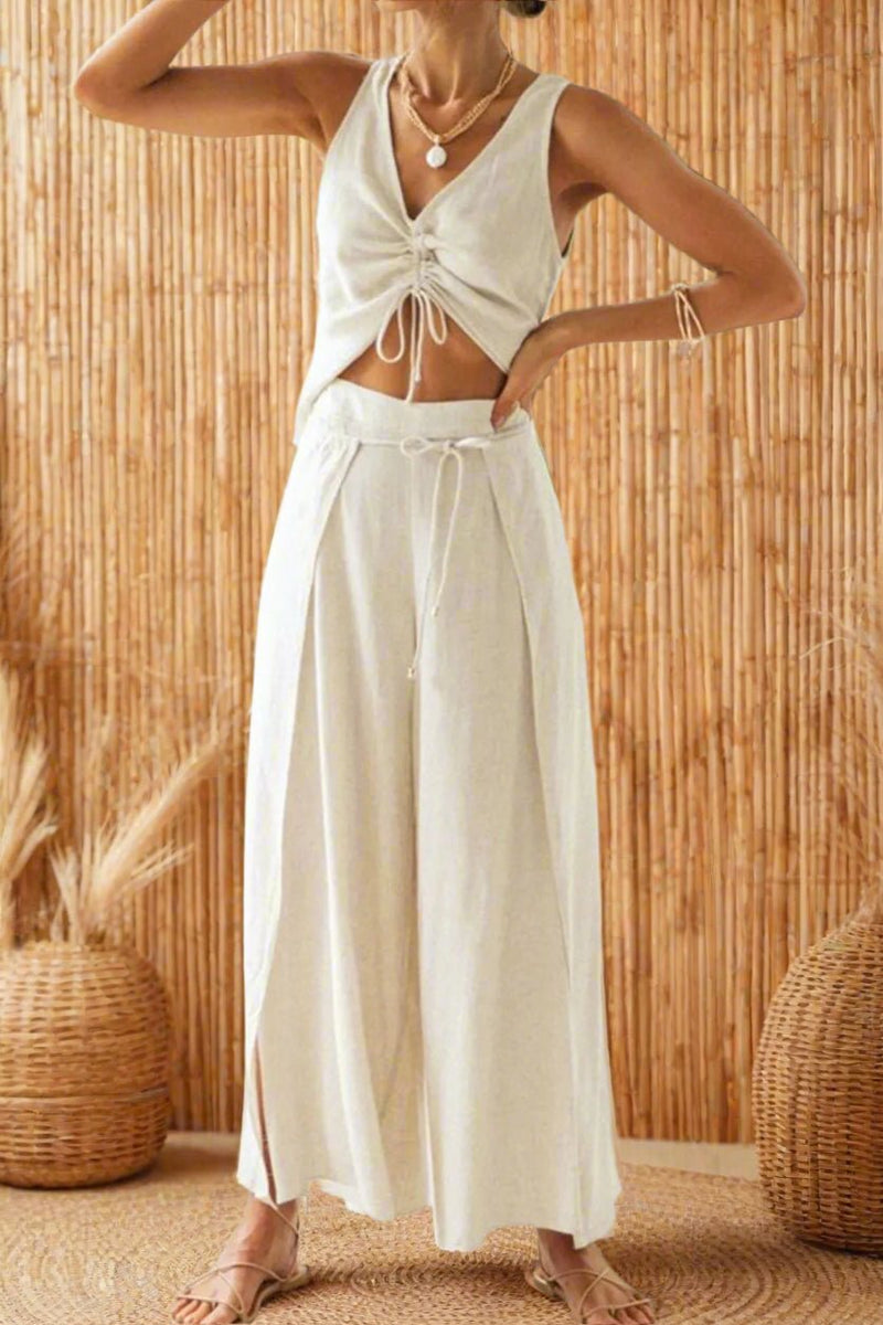 Drawstring V - Neck Tank and Pants Set - MAZONKIKI