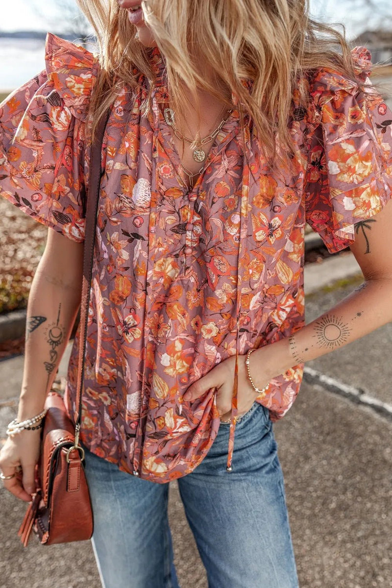 Floral Ruffled Layered Short Sleeve Tie Neck Blouse - MAZONKIKI