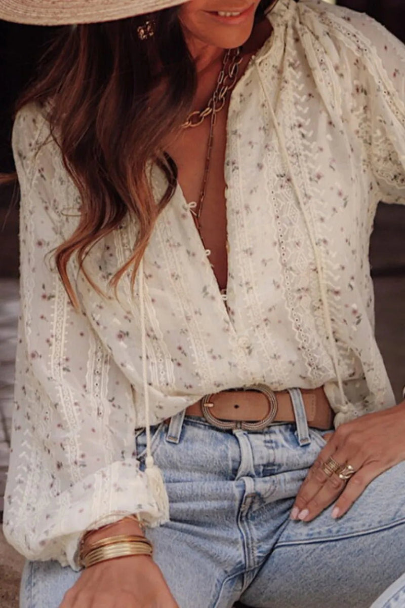 Frill Lace Detail Printed Tie Neck Long Sleeve Blouse - MAZONKIKI