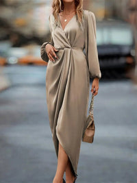 High - Low Surplice Balloon Sleeve Midi Dress - DressMAZONKIKI