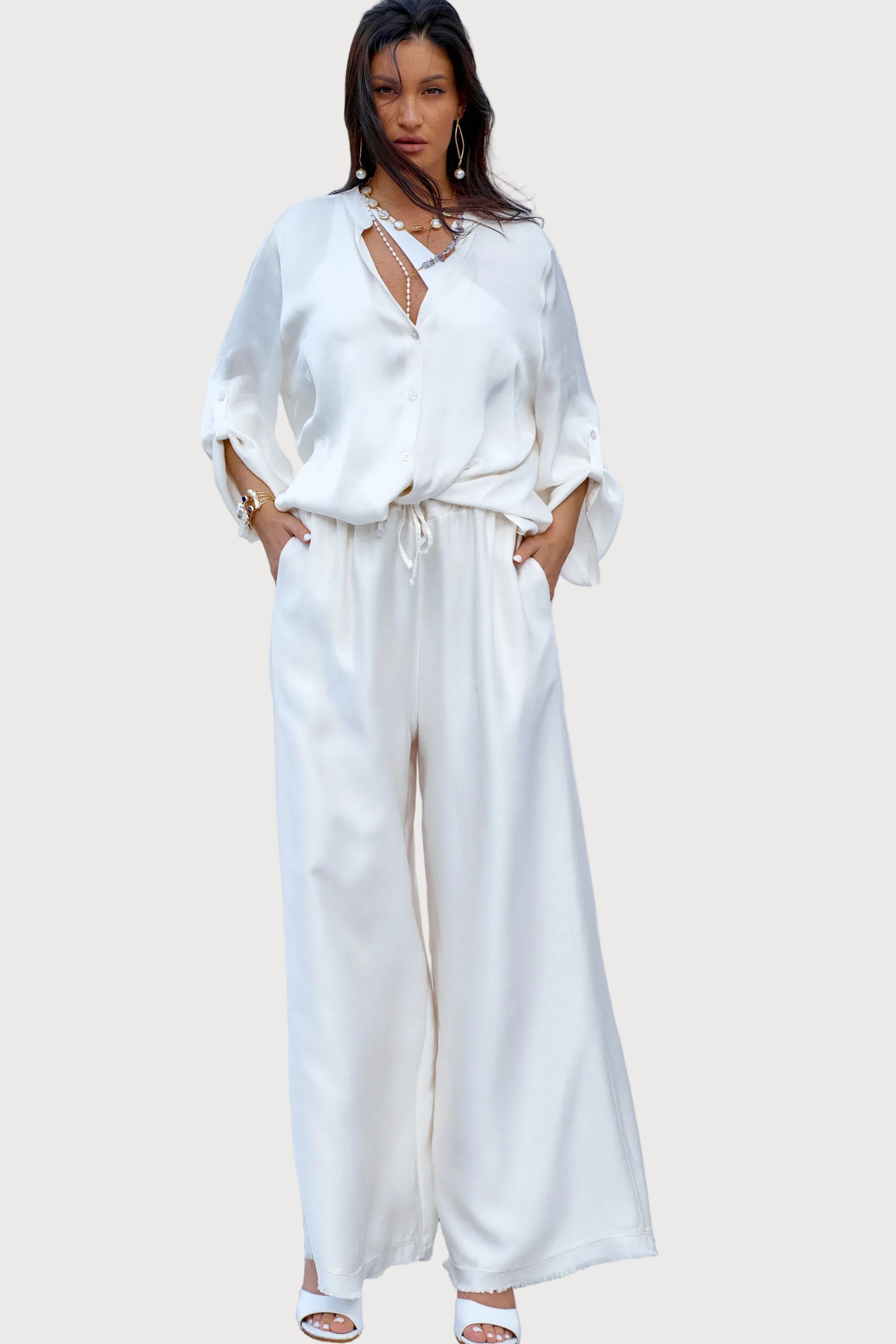 Silky Shirt  Palazzo Pants Set