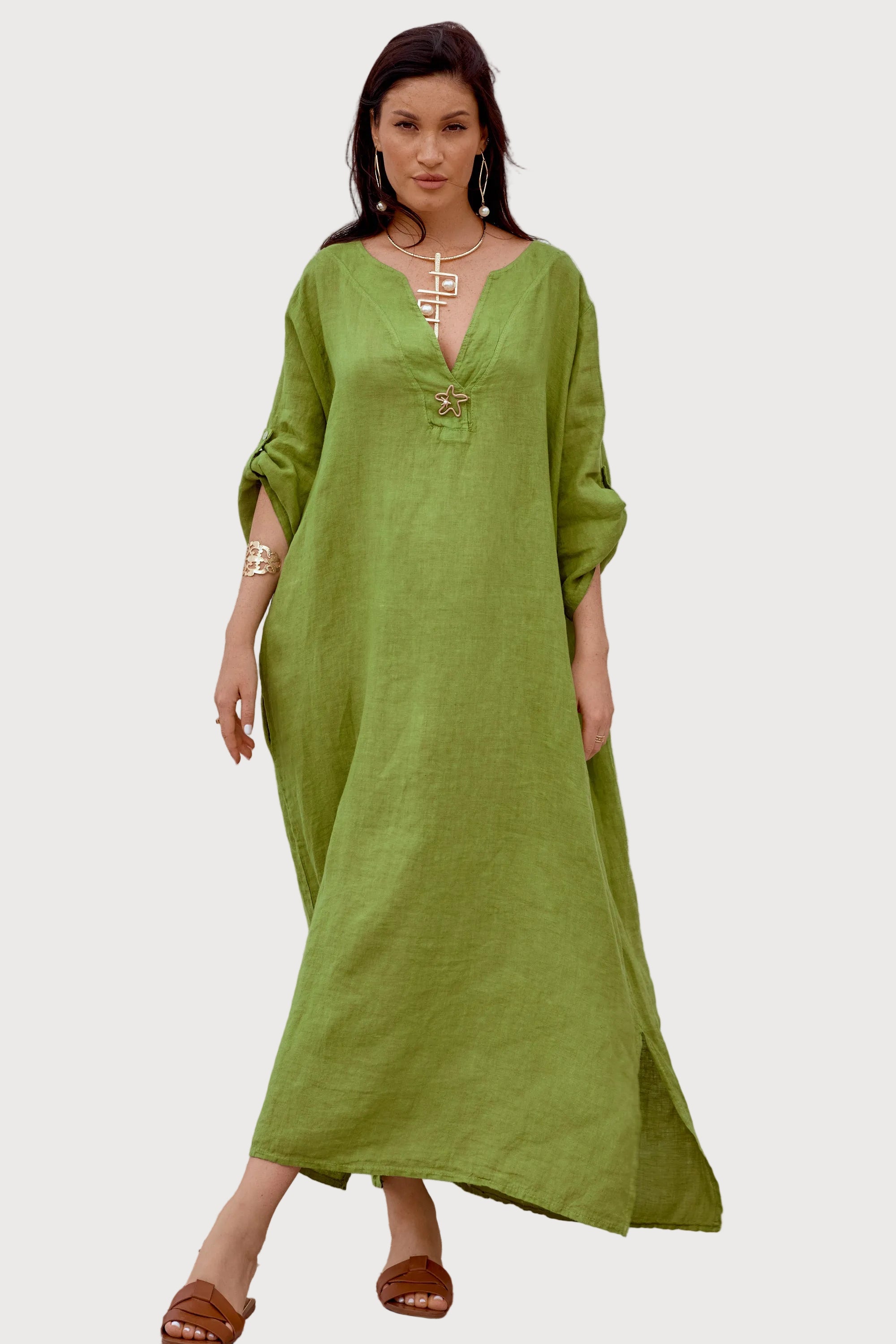 OLIVE DUSK Linen Kaftan  Style Dress