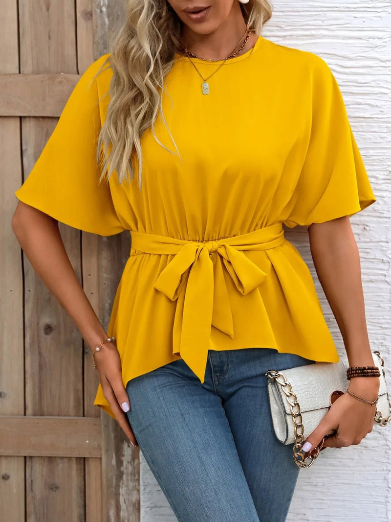 Ivy Lane Tied Round Neck Half Sleeve Blouse - MAZONKIKI