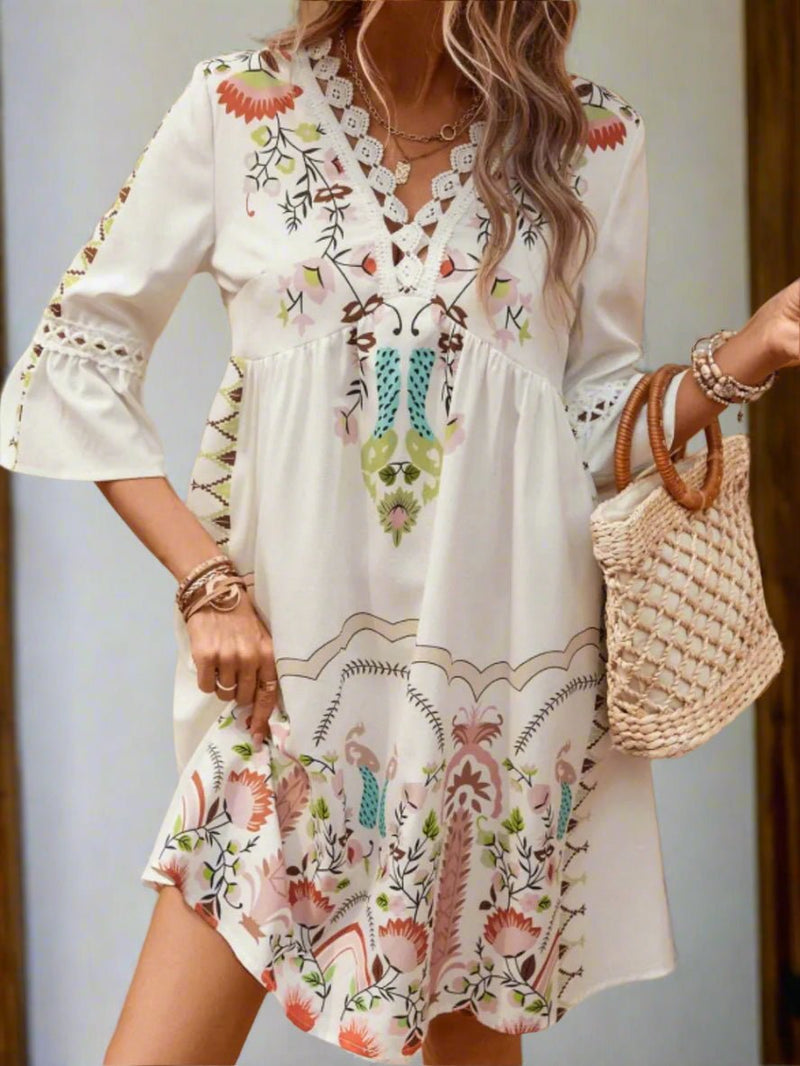 Lace Detail Printed Three - Quarter Sleeve Dress - DressMAZONKIKI