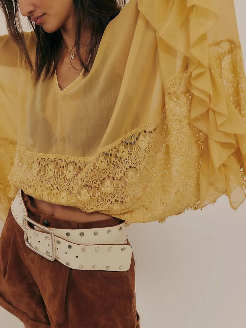 Lace V - Neck Ruffle Long Sleeve Cover - Up - MAZONKIKI