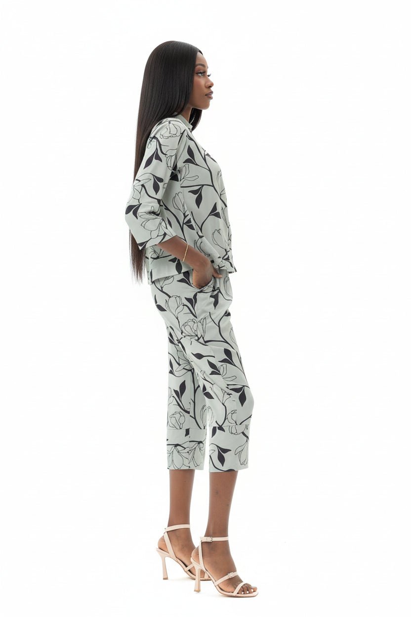 Mazonkiki Silver Horizon casual lounge set — refined botanical print in muted sky grey