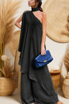 Mock Neck Single Shoulder Top and Pants Set - MAZONKIKI