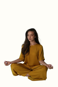 Mazonkiki Mustard Field wide-leg pants & cropped tee luxury lounge set in quiet, particular mustard hue