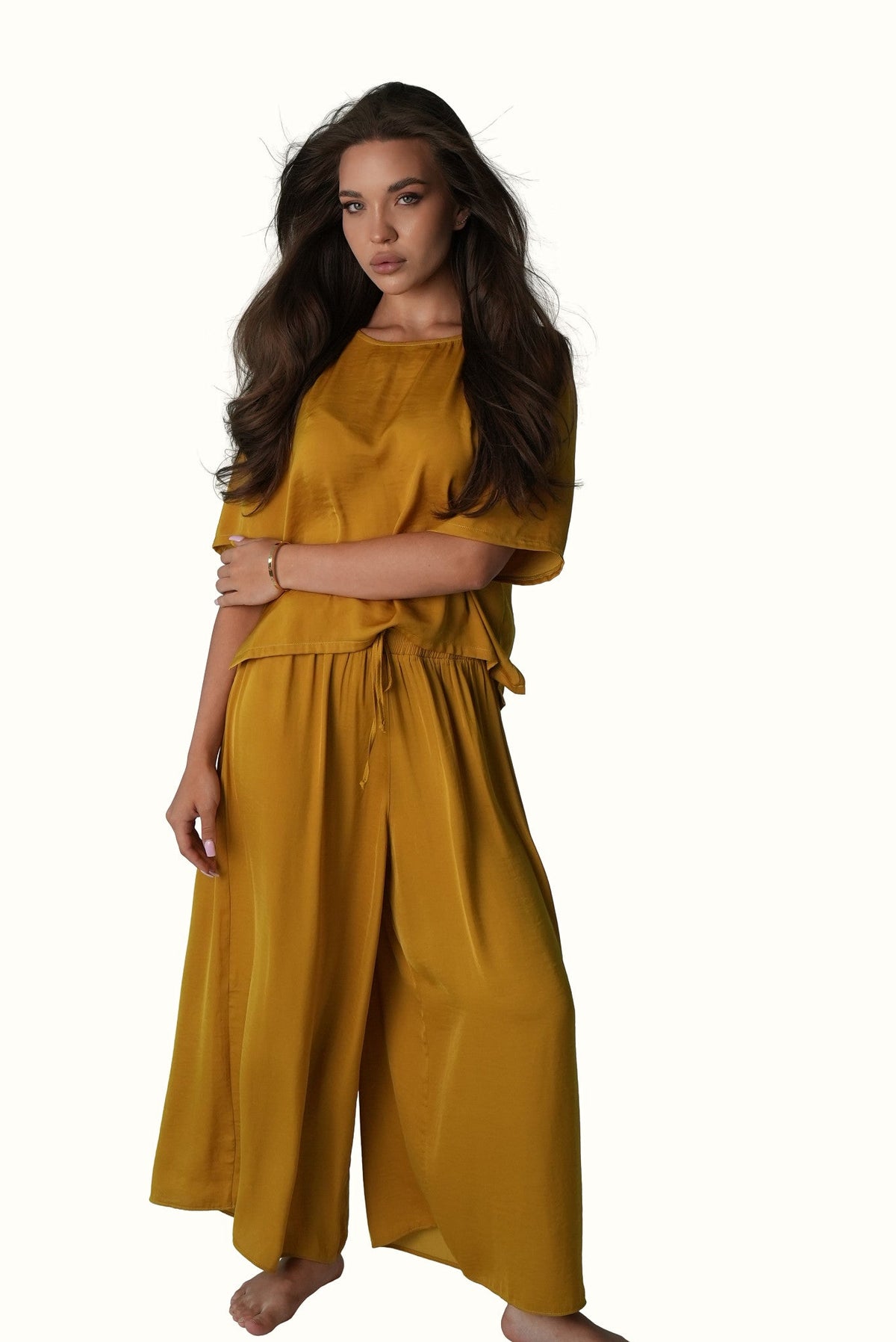 Mazonkiki luxury mustard lounge set — boxy cropped tee paired with fluid wide-leg trousers