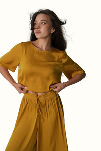 Mazonkiki cropped tee in quiet mustard tone, part of the Mustard Field luxury lounge set