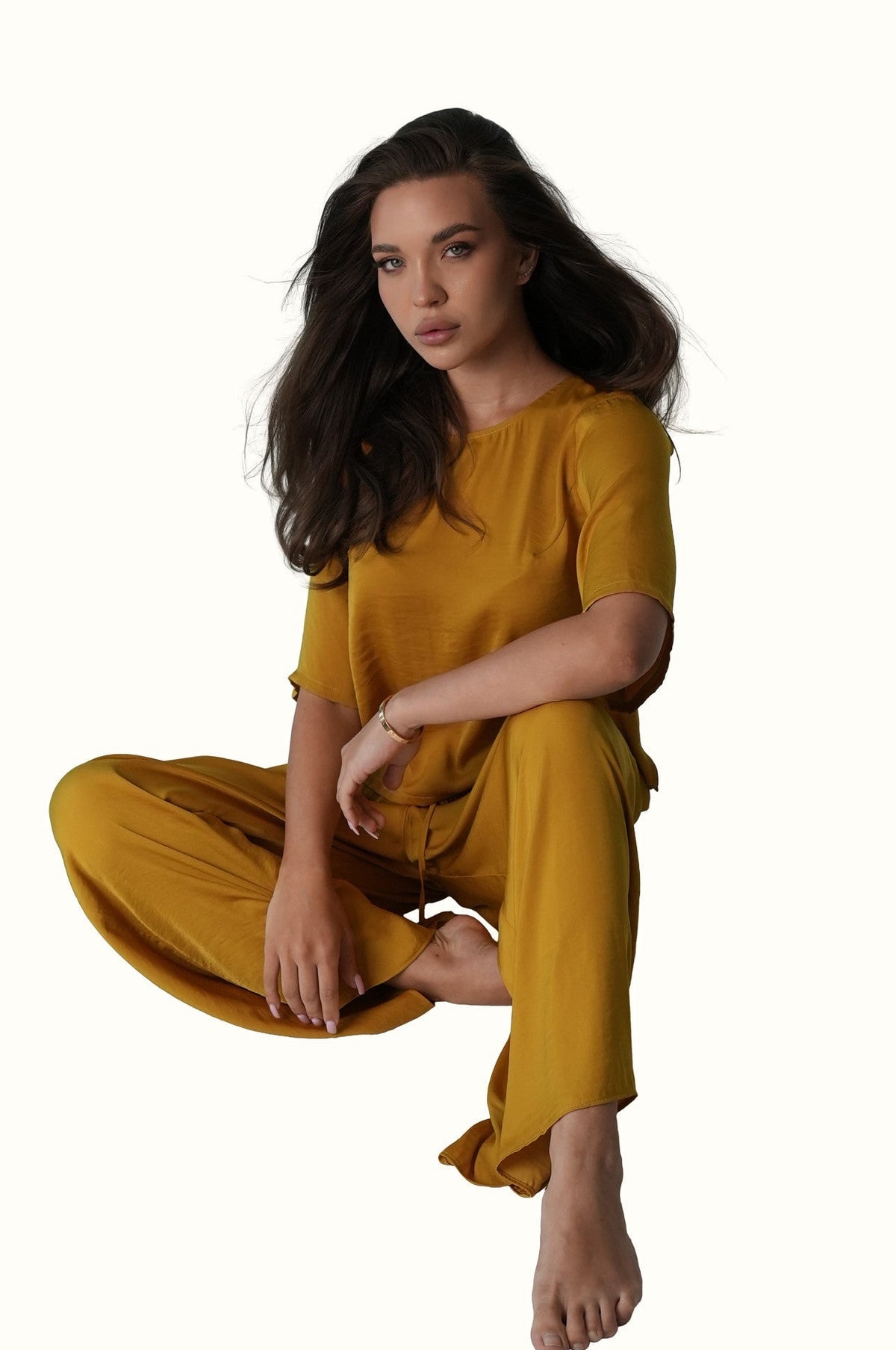 Mazonkiki Mustard Field cropped tee & wide-leg pants set in deep mustard tone, luxe lounge co-ord