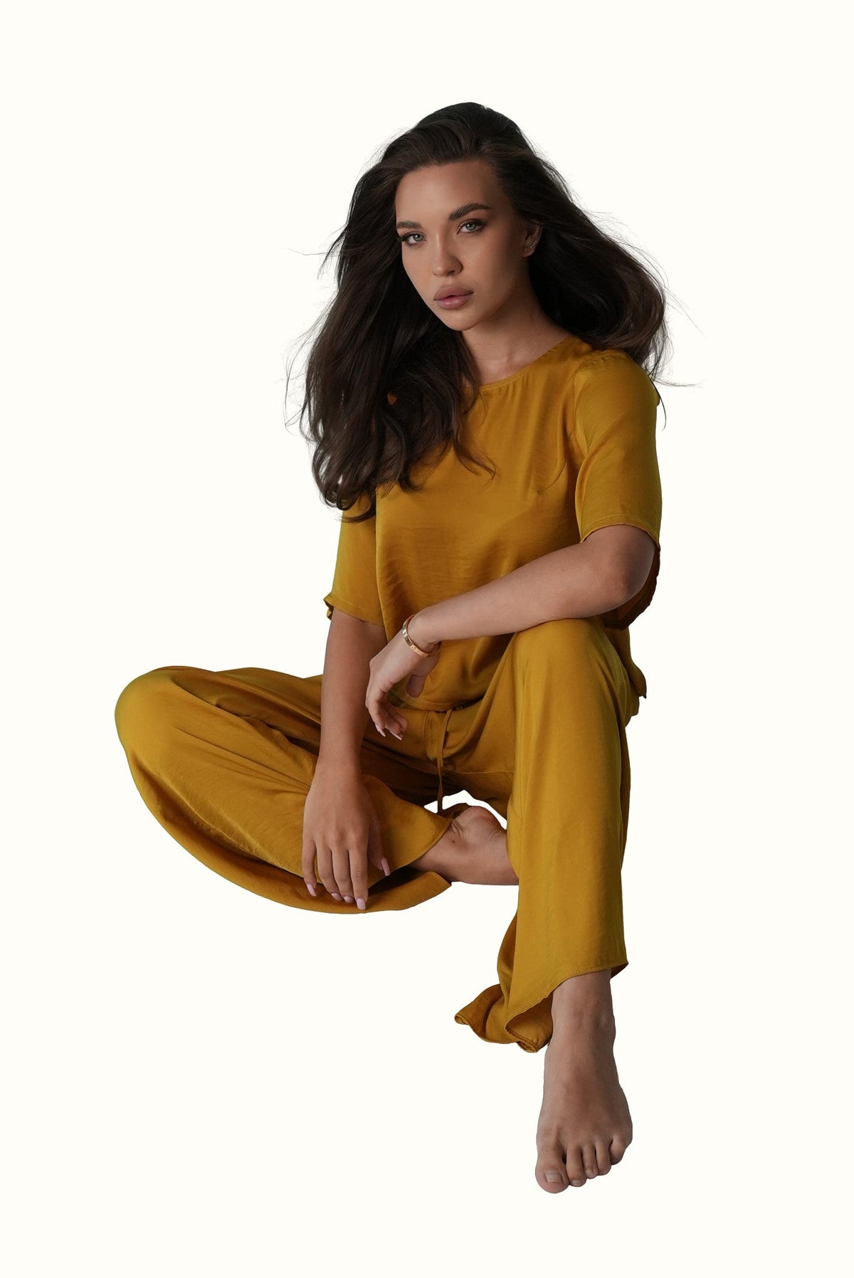 Mazonkiki Mustard Field cropped tee & wide-leg pants set in deep mustard tone, luxe lounge co-ord