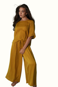 Mustard Field co-ord set by Mazonkiki: relaxed cropped tee and wide-leg pants in muted yellow