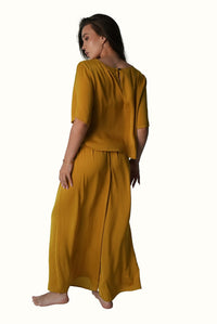 Mazonkiki Mustard Field wide-leg pants detail — rich, understated mustard lounge wear