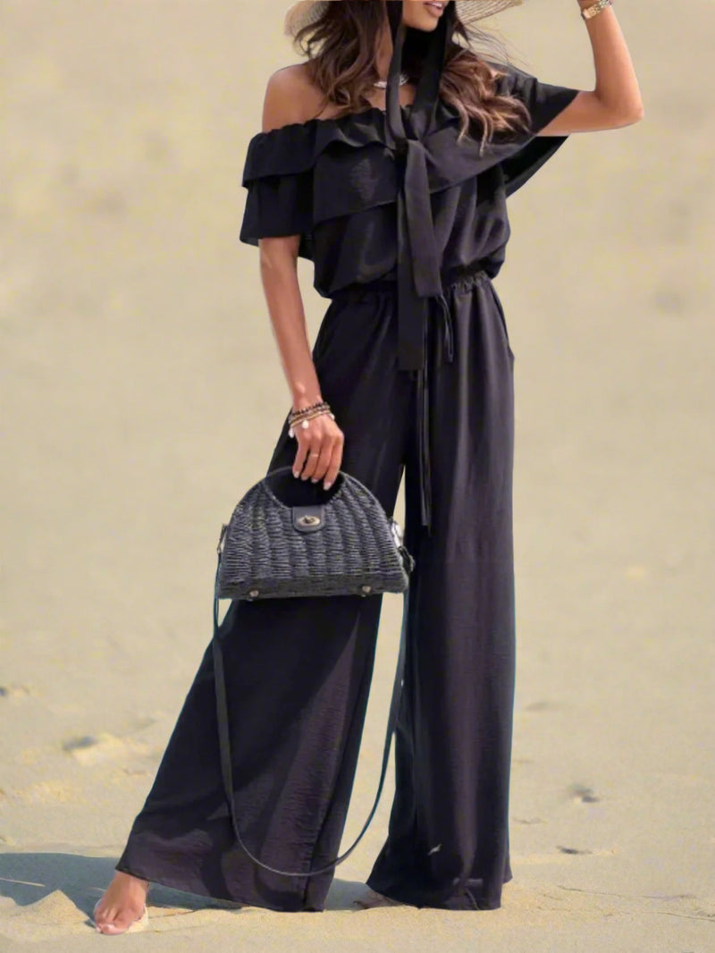 Off - Shoulder Ruffled Wide Leg Jumpsuit - MAZONKIKI