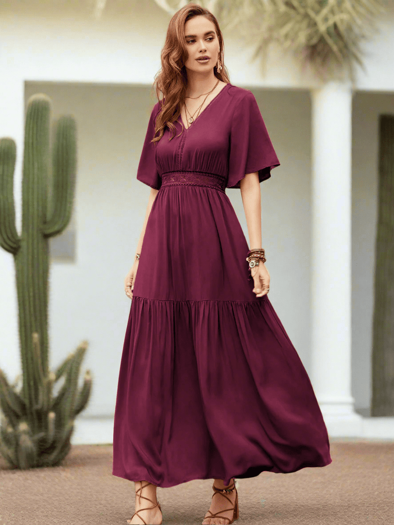 Openwork V - Neck Flare Sleeve Ruched Dress - DressMAZONKIKI