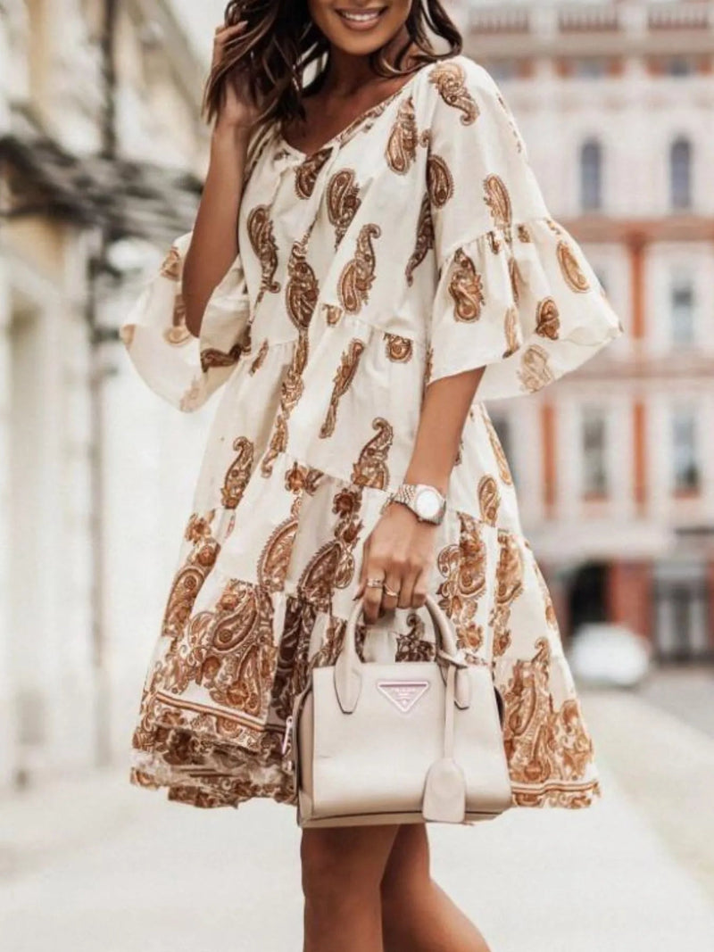 Paisley Print Tie Neck Half Sleeve Mini Dress - DressMAZONKIKI