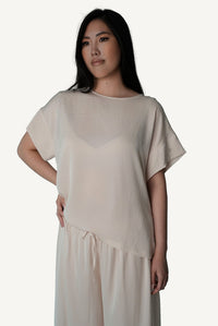 Mazonkiki wide-leg lounge set in soft ivory — Pale Repose cropped tee and floor-length trouser pairing