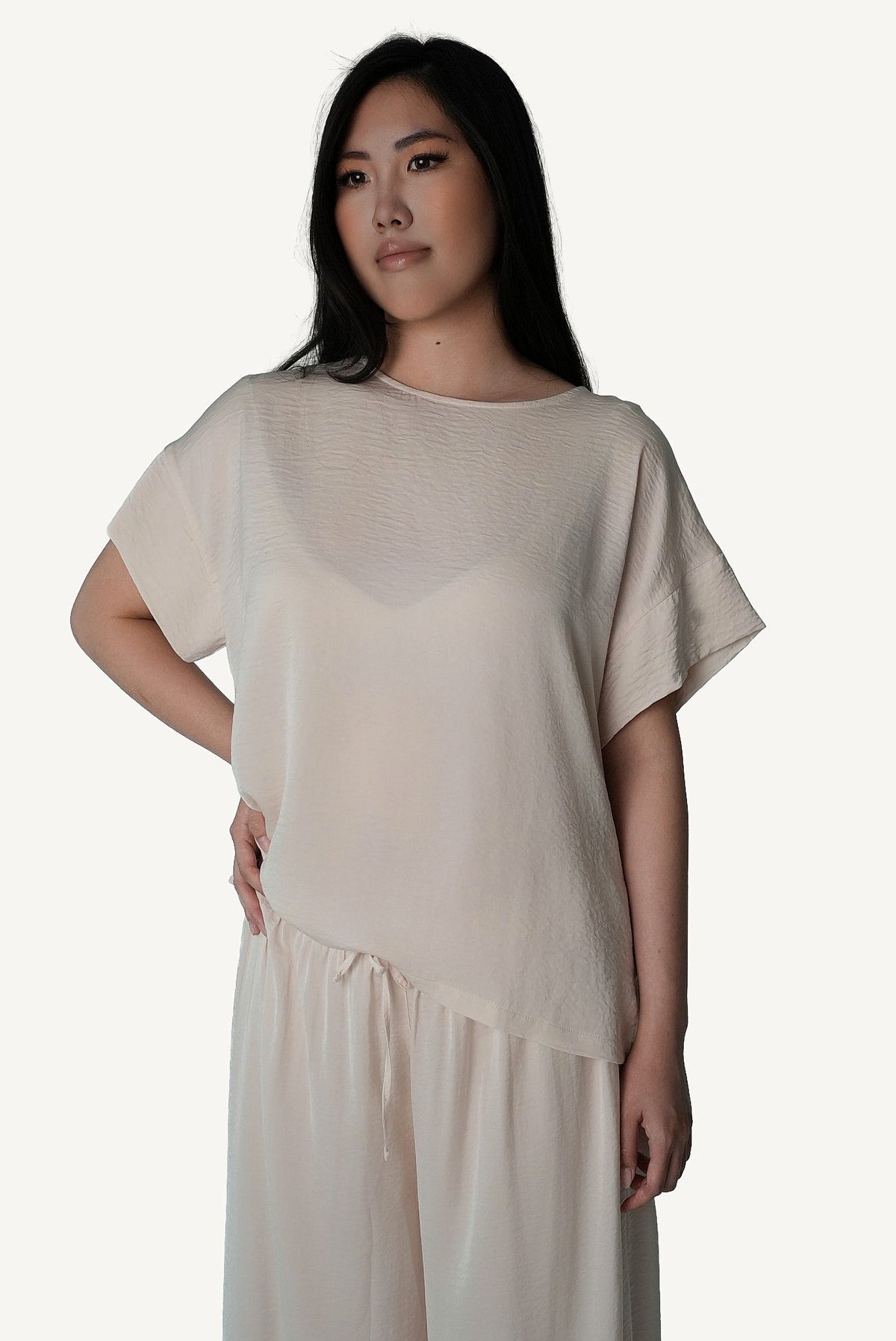 Mazonkiki wide-leg lounge set in soft ivory — Pale Repose cropped tee and floor-length trouser pairing