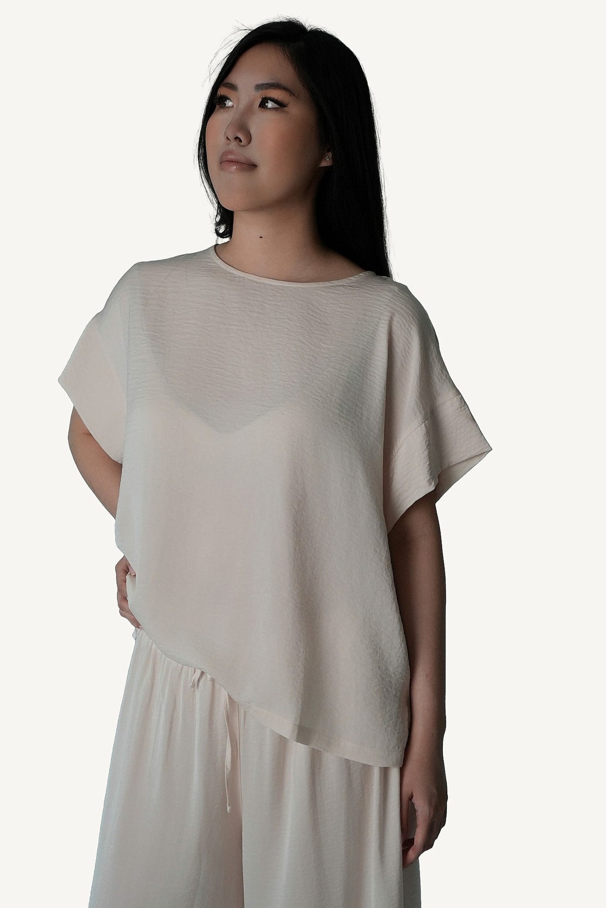 Mazonkiki Pale Repose ivory two-piece lounge set — softly proportioned cropped tee and wide-leg pant