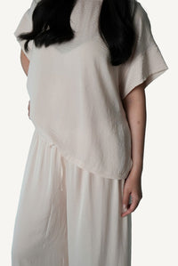 Mazonkiki Pale Repose wide-leg trouser and cropped tee in ivory — effortless luxury lounge dressing