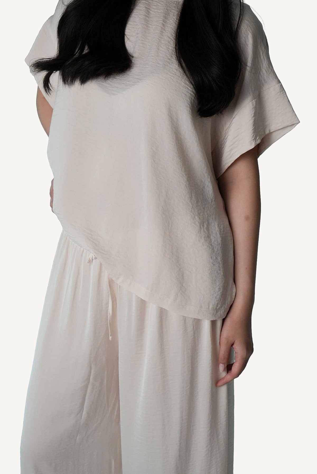 Mazonkiki Pale Repose wide-leg trouser and cropped tee in ivory — effortless luxury lounge dressing