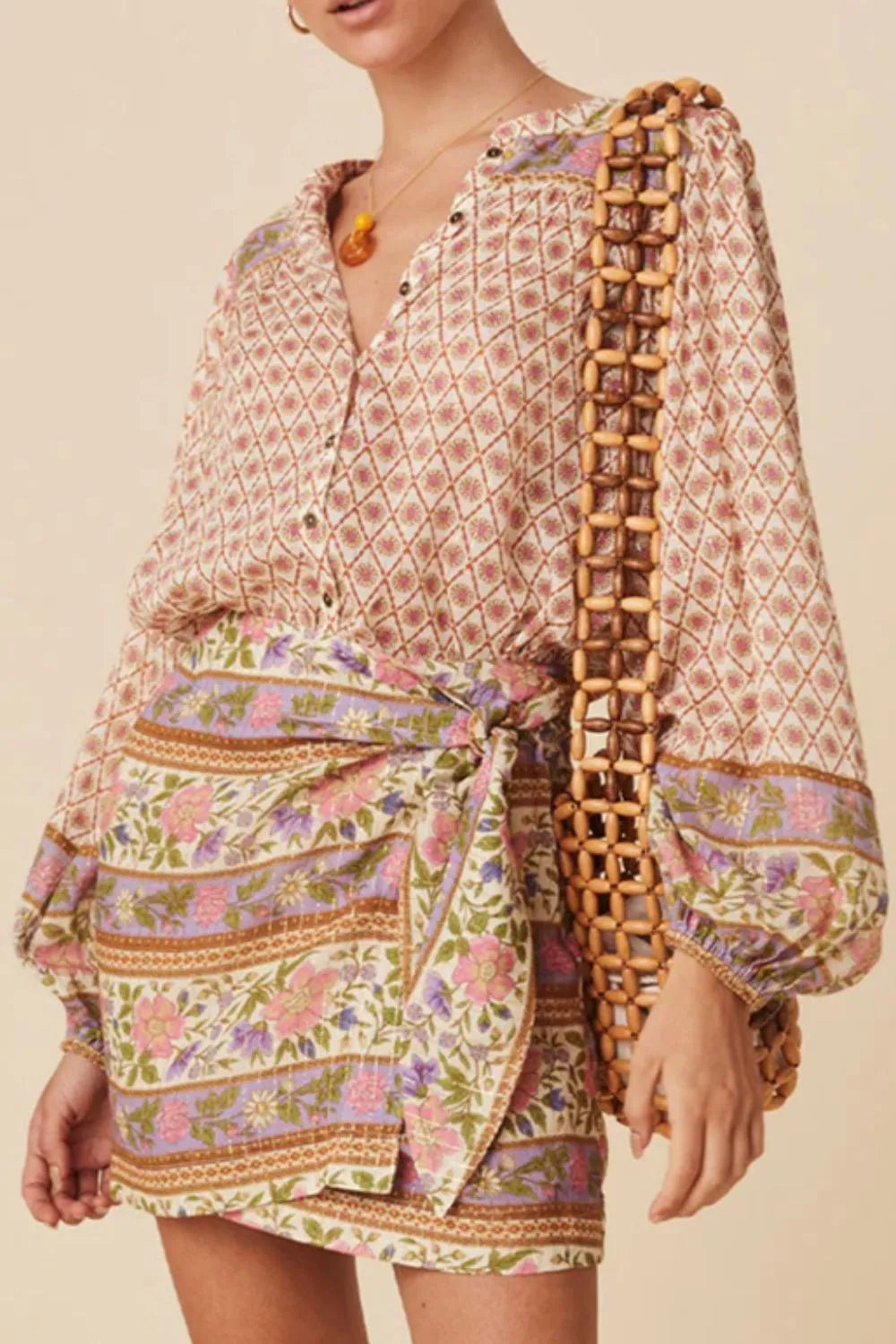 Printed Button Down Long Sleeve Shirt - MAZONKIKI