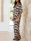 Printed Collared Neck Top and Wide Leg Pants Set - MAZONKIKI