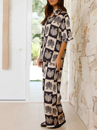 Printed Collared Neck Top and Wide Leg Pants Set - MAZONKIKI