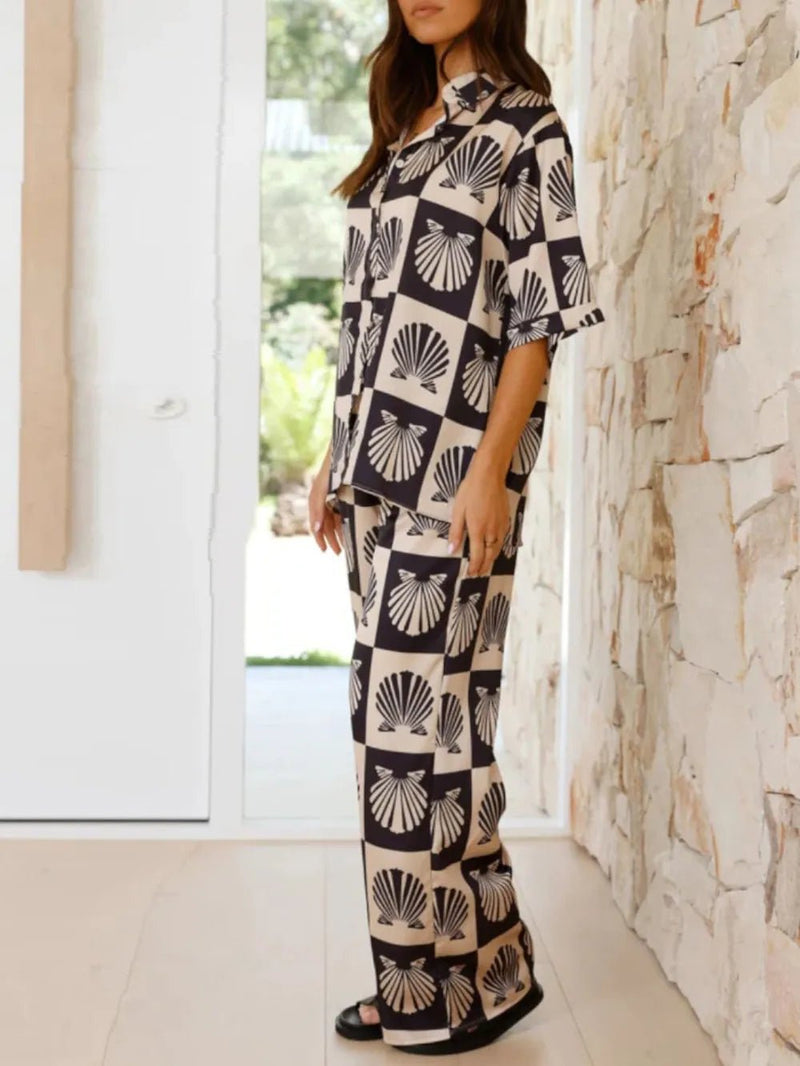 Printed Collared Neck Top and Wide Leg Pants Set - MAZONKIKI