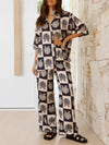 Printed Collared Neck Top and Wide Leg Pants Set - MAZONKIKI