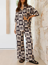 Printed Collared Neck Top and Wide Leg Pants Set - MAZONKIKI