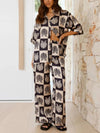 Printed Collared Neck Top and Wide Leg Pants Set - MAZONKIKI