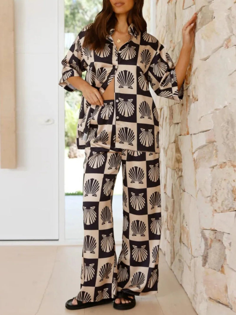 Printed Collared Neck Top and Wide Leg Pants Set - MAZONKIKI